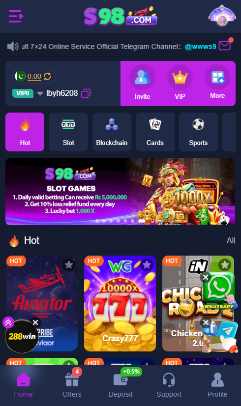 S98 Game Pakistan online earning app interface for Android users