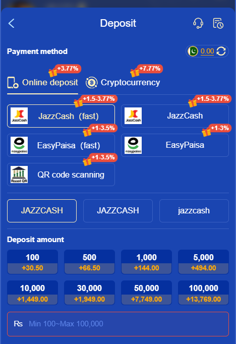 Deposit methods page showing available payment options for mobile users