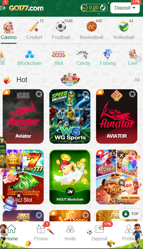 GO177 Game dashboard showing user account balance bonuses and game categories