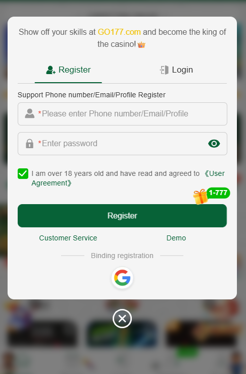 GO177 Game register page showing account creation form for Pakistani users