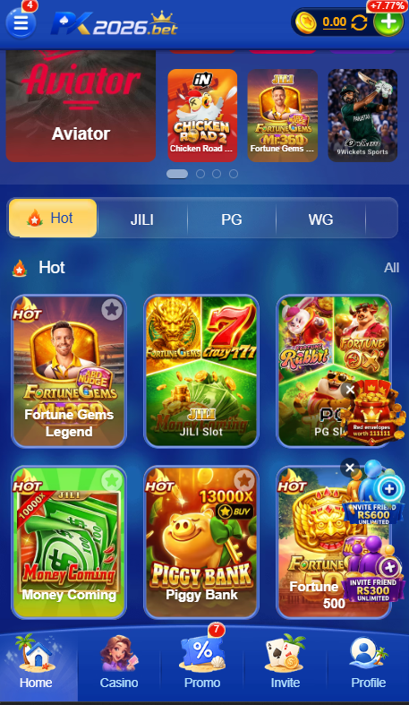 PK2026 Game dashboard interface showing games, account options, and mobile features