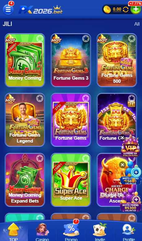 JILI Games section displaying popular mobile gaming titles and entertainment options