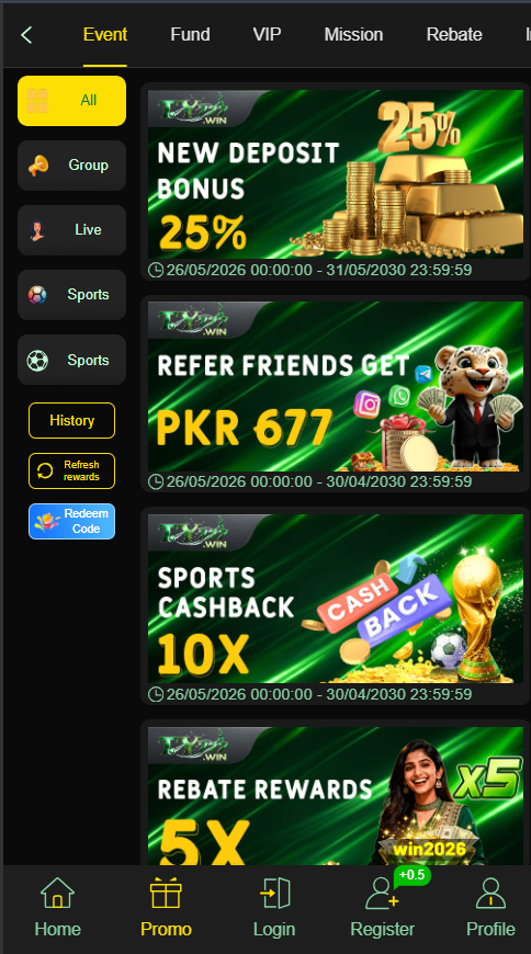 TYYY Games promotions section showing special rewards and promotional offers for users